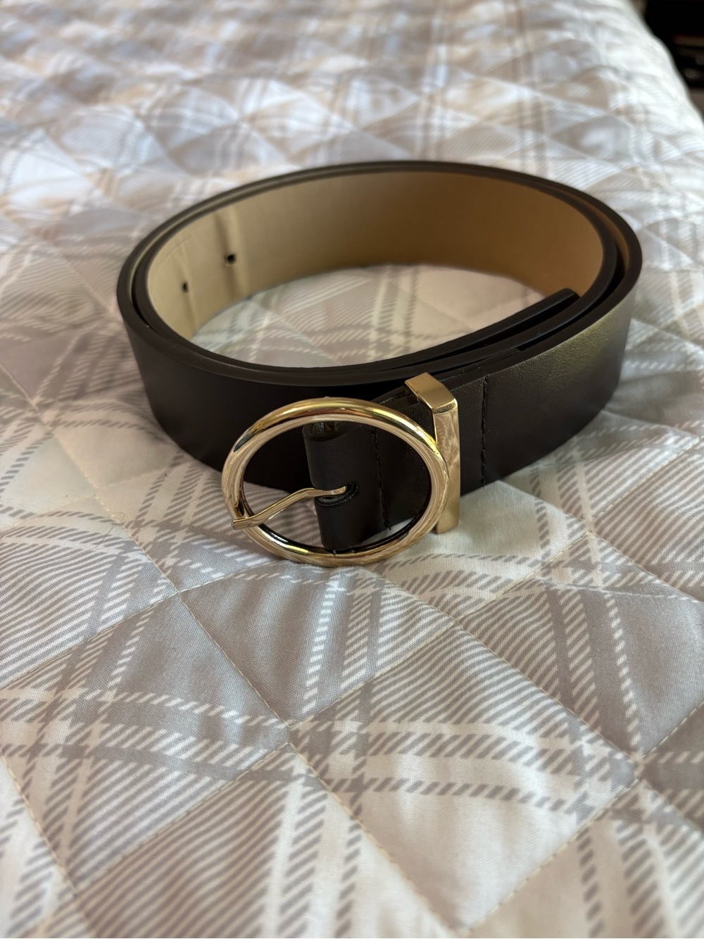 Wide Black Leather Belt with Gold Round Buckle